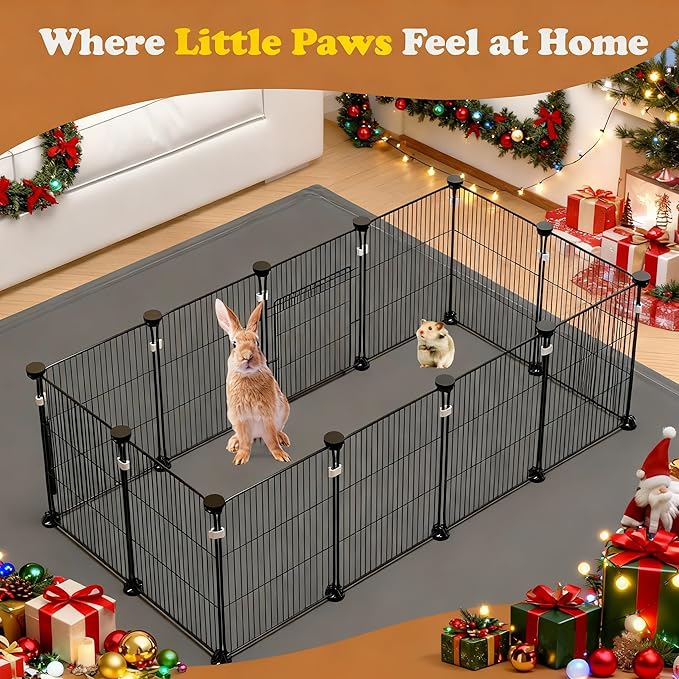 18 Panels Small Animal Playpen, Small Animal Cage with 2 Doors, Metal Wire Yard Fence for Rabbits, Guinea Pigs, Hamsters, Chicken, Hedgehogs, Indoor Outdoor Pet Cage C&C Cage Black
