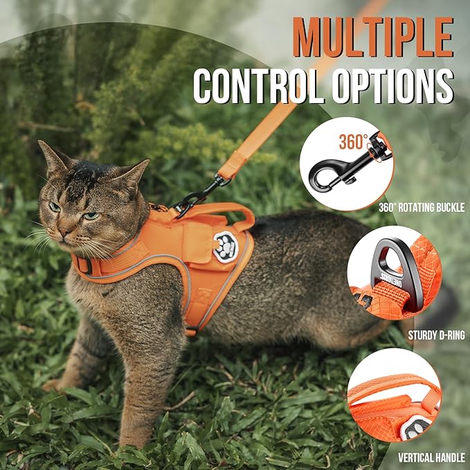 OneTigris Tactical Cat Harness and Leash - Escape Proof Soft Adjustable Cat Harness, Breathable, Comfortable, Durable Water-Resistant Vest with Reflective Strips and Pocket for Cat Tracker