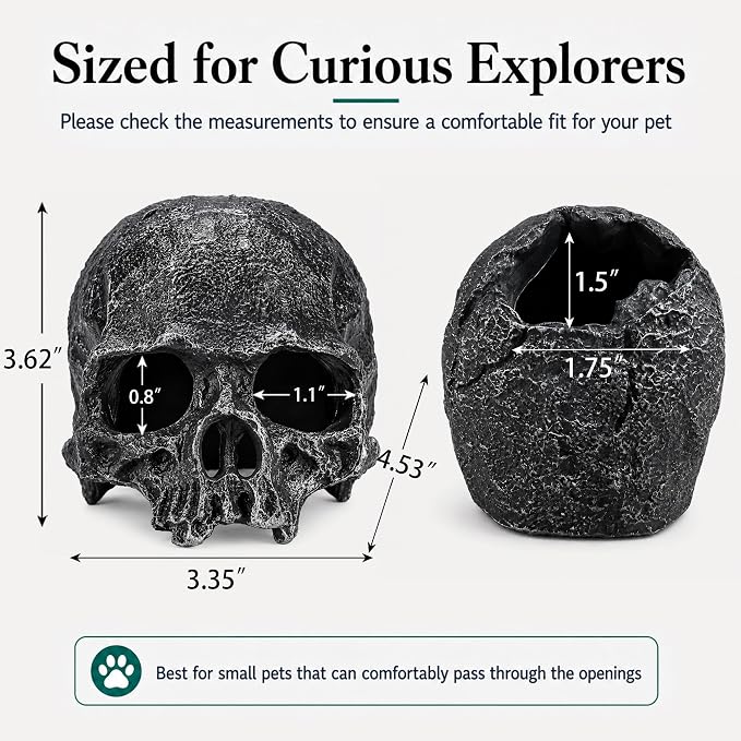 Skull Terrarium Decor Reptile Hideout for Tank (Black) | Realistic Resin Skull Hideouts,Decorative Skeleton Head Caves for Betta Fish Juvenile Ball Python Gecko Tarantula