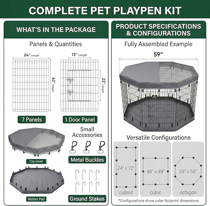 PJYuCien Dog Playpen with Top Cover and Bottom Pad - Metal Foldable Exercise Pen, 8 Panels 42" H x 24" W Indoor Outdoor Pet Fence Puppy Crate Kennel, Gray