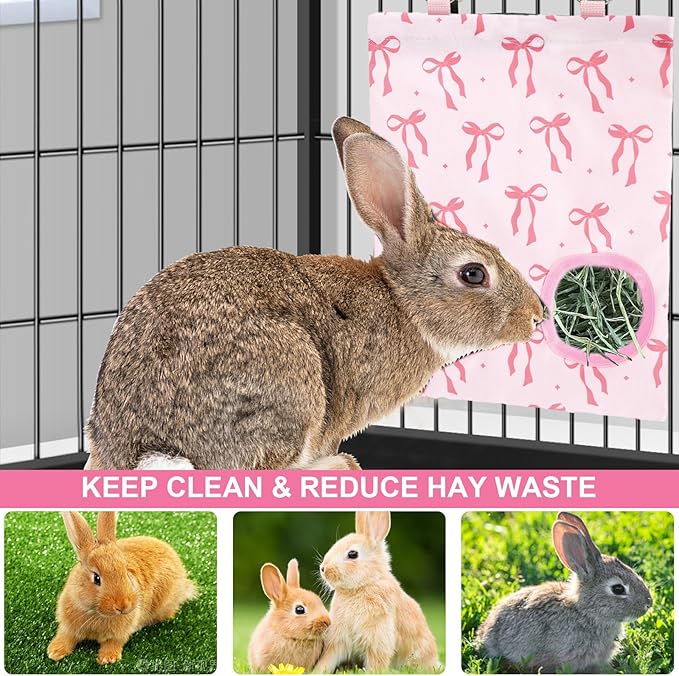 JarThenaAMCS 2Pcs Rabbit Hay Feeder Bag with 2 Holes Pink Bow Guinea Pig Hanging Hay Feeding Bag Storage Dispenser for Chinchilla Hamster Bunny Small Animal Pet