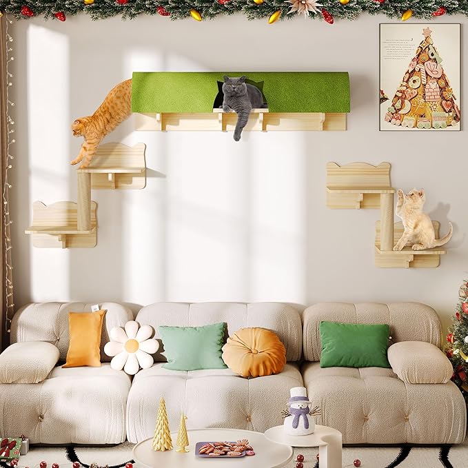 Cat Wall Shelves with Tunnel, 7-in-1 Solid Wood Wall Mounted Cat Furniture with Scratching Post, Cave & Steps, Multi-Level Cat Climbing Wall Systems, Space Saving, Floating Cat Shelves