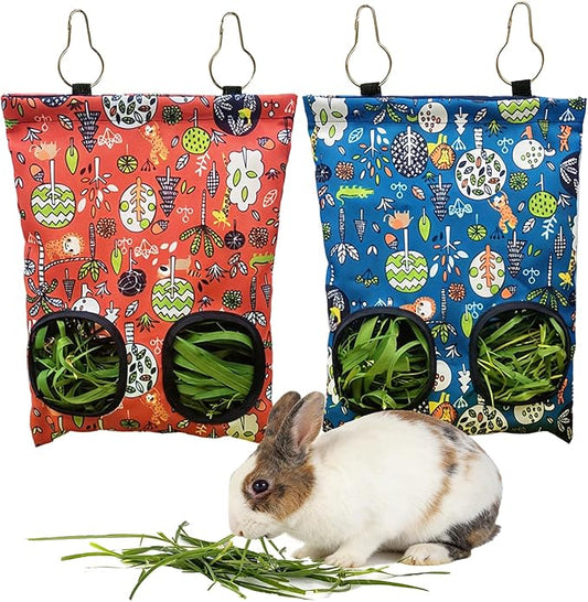 Rabbit Hay Feeder Bag, Guinea Pig Hay Feeder for Cage Small Animal Hanging Feeding Bags Rabbit Hay Dispenser Storage for Rabbits Guinea Pigs Bunnies Chinchillas (Red,Dark Blue, 2 Hole)