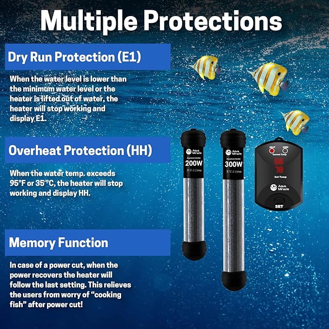 AquaMiracle Upgraded 200W Aquarium Heater Fish Tank Heater Turtle Heater Super Compact Aquarium Heater, Dry-Run/Overheating Protection and Memory Function, Dual LED Display, for 20-40 Gal Tanks