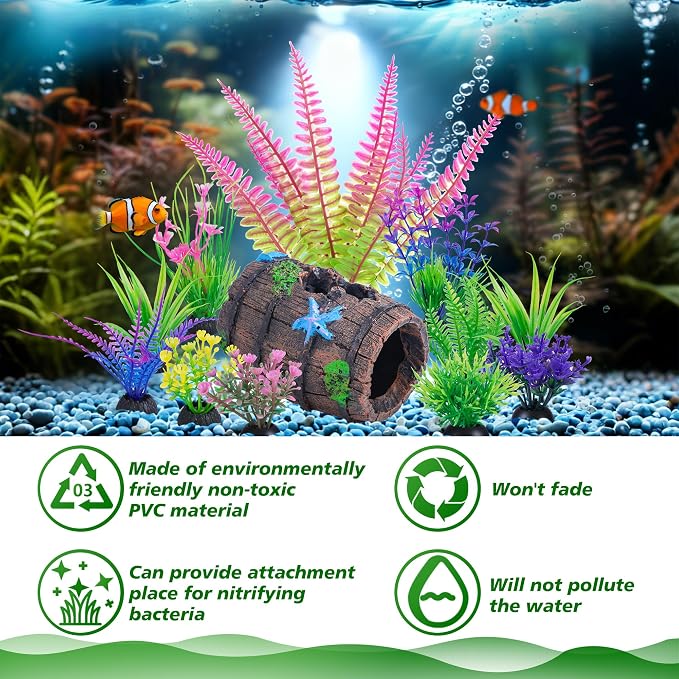 Ameliade 11 Aquarium Plants & Fish Tank Broken Barrel Cave Decorations Set | Broken Barrel Cave and Soft Artificial Plastic Plants Decor Accessories for Betta Goldfish Tank, Small Fish Bowl Ornaments