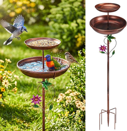 EdenseeLake Double Metal Bird Bath for Outside, 43.8 Inch Upgraded 5-Prong Base Stake Birdbaths Feeder with Detachable Bowls for Outdoors Lawn Patio Yard Garden Decor