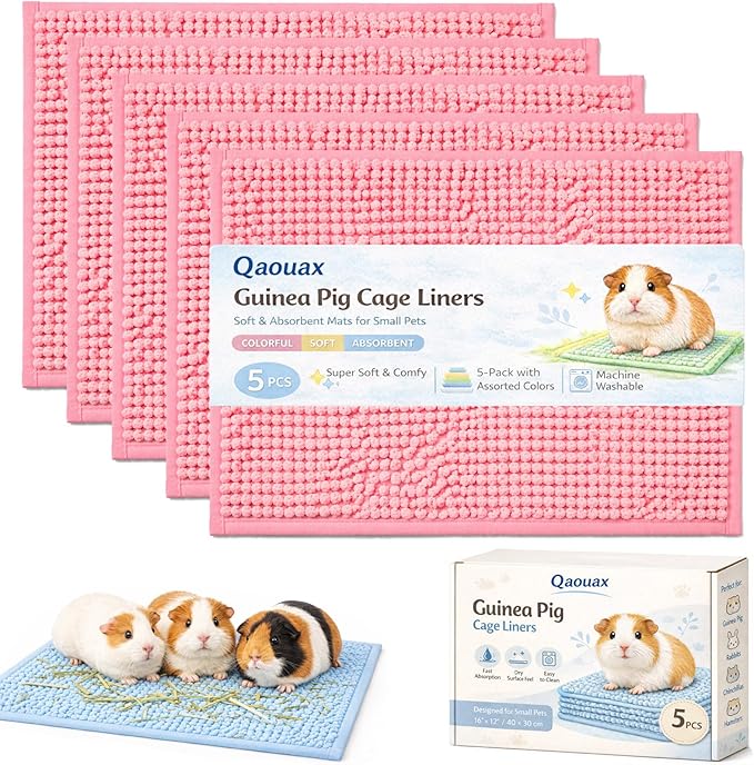 Guinea Pig Cage Liner, Washable Fleece Liners for Guinea Pig Cage, Soft Bedding Mats & Blankets for Small Animals (5 Pcs Pink, 16x12'')