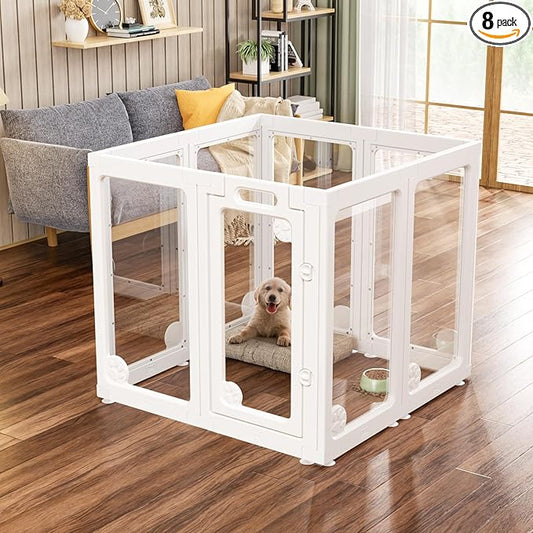 Clear Acrylic Dog Play Pen Indoors 30", 8 Panels Transparent Puppy Playpen with Door for Small Dogs Puppies, Modular Plastic Pet Playpen Cage Fence Crate for Cat Kitten Rabbit, White