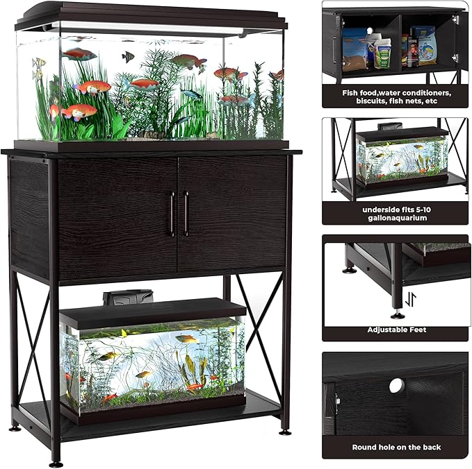 Herture 20-29 Gallon Aquarium Stand Metal Frame Fish Tank Stand with Cabinet Storage, for 20 Gallon Long Aquarium,30.7" L*16.5" W Tabletop,330LBS Capacity Black PG01YGB