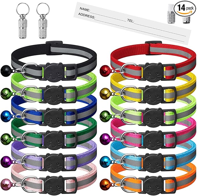 12 Pack Reflective-Breakaway Cat Collars with Bells,Safety Buckle Kitten Collar, with Name Tag, Adjustable,Ideal for Girl Cats Male Cats,Pet Supplies,Stuff,Accessories(12 Colors & 2 ID Tags)