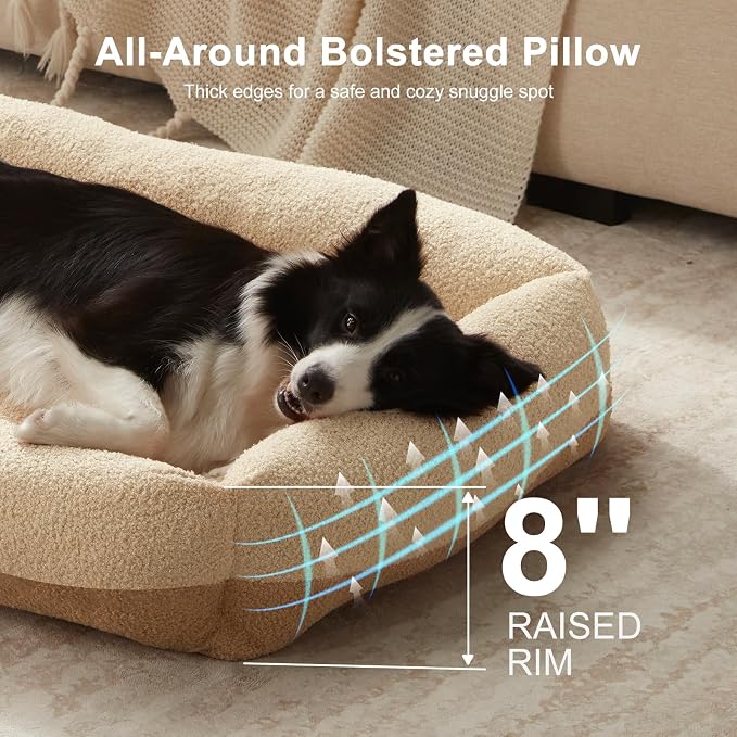 FURTIME Washable Dog Bed Medium Large Size Dogs, Rectangle Comfy Fluffy Pet Bed, Removable Zipper Cover Machine Wash, Soft Orthopedic Bed Durable Pet Cuddler with Anti-Slip Bottom,30"x24"x8",Beige