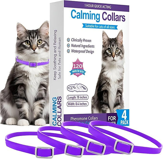 4 Pack - Cat Calming Collar for 120 Days of Calm; Cat Pheromones Help Anxiety Relief, Reduce Stress, Scratching, Meowing, Urine Marking; Indoor or Outdoor Cats; Long-Lasting Breakaway Design