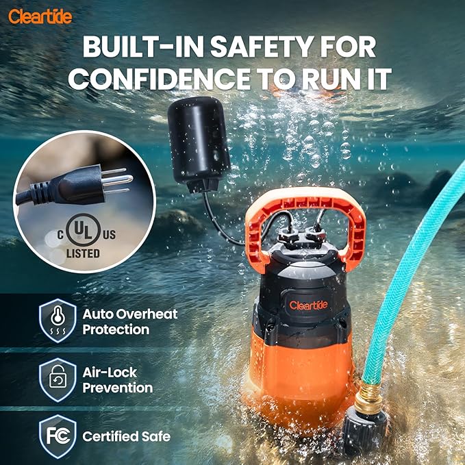 Cleartide Submersible Water Sump Pump with Float Switch, 1/2 HP 3060 GPH High Flow, Ideal for Yard and Flooded Cellar, Hot Tub, Garden Irrigation, Debris-Handling up to 3/8", 10 FT Cord