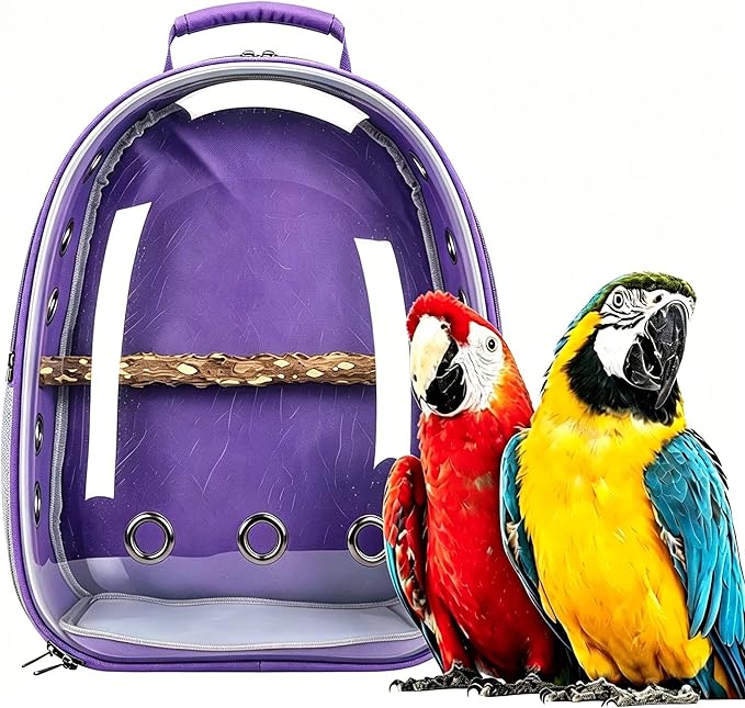 Bird Backpack, Lightweight and Breathable Outdoor Travel Backpack with 12 Breathable Holes, Wooden Pole, Adjustable Shoulder Strap for Birds and Pets (Purple)