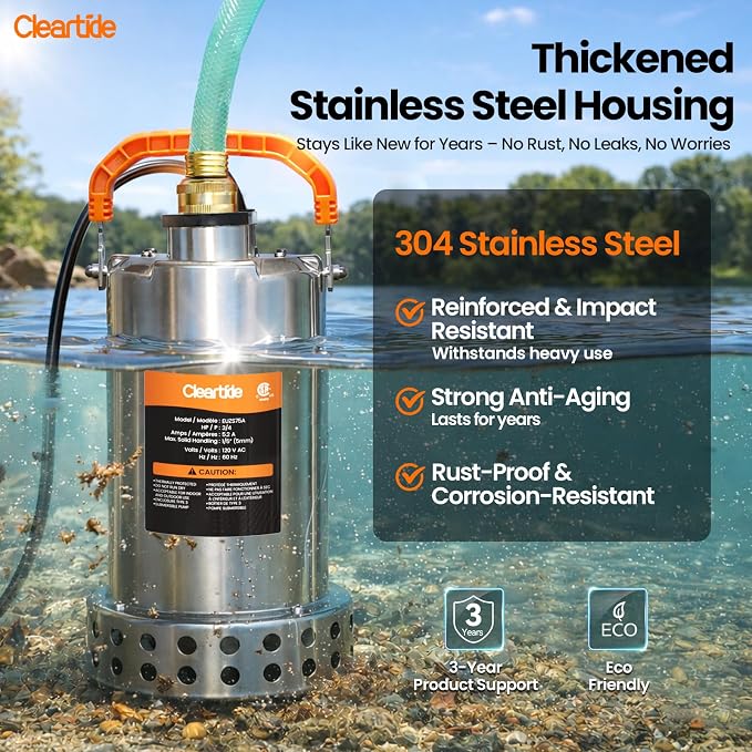 Stainless Steel Submersible Utility Water Pump, 3/4 HP 3780 GPH, Thermoplastic Portable Plug & Work, Ideal for Pool, Flooded Basement, Hot Tub, Pond & Garden Draining, 10 FT Cord