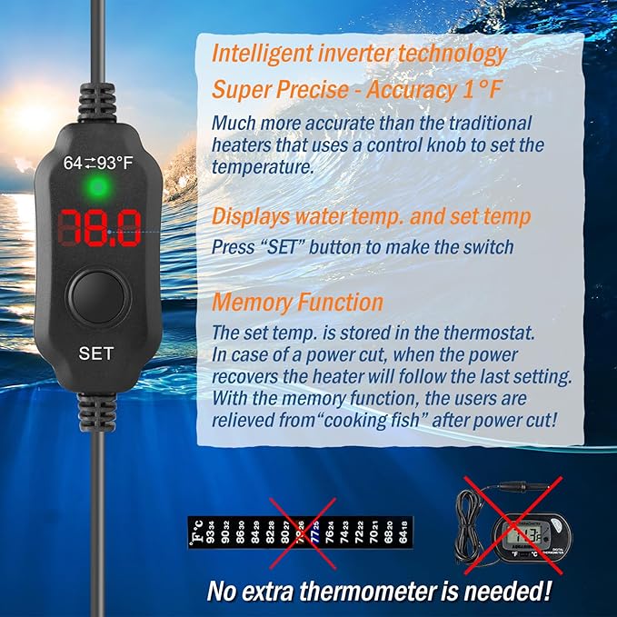 10W Mini Aquarium Heater for 1-2 Gallon Tanks | Submersible Fish Tank Heater with Digital Thermostat, Dry-Run & Overheat Protection, Memory Function