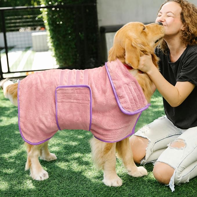 Soft Dog Bathrobe Fast Drying Dog Coat, Super Absorbent Dog Towels for After Bath, Microfiber Pet Robe Adjustable Collar & Belly Warm Keeping Dogs Coat for Pet Dogs & Cats (Pink, Large)