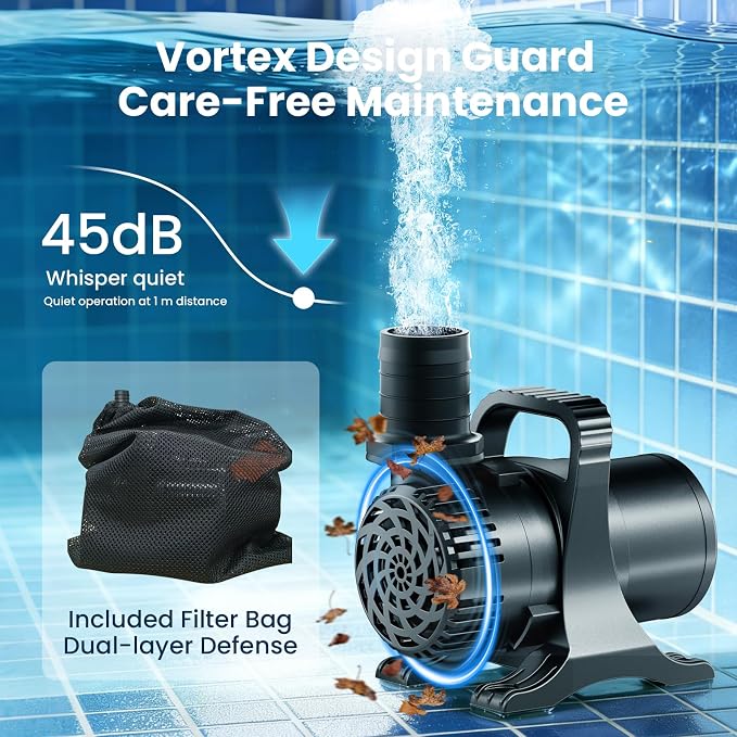 620W 9000 GPH Pond Pump, Commercial Grade Heavy Duty High Flow Submersible Water Pump for Large Ponds, Pools & Tall Waterfalls, Continuous Duty Performance, Includes Filter Bag, UL Listed