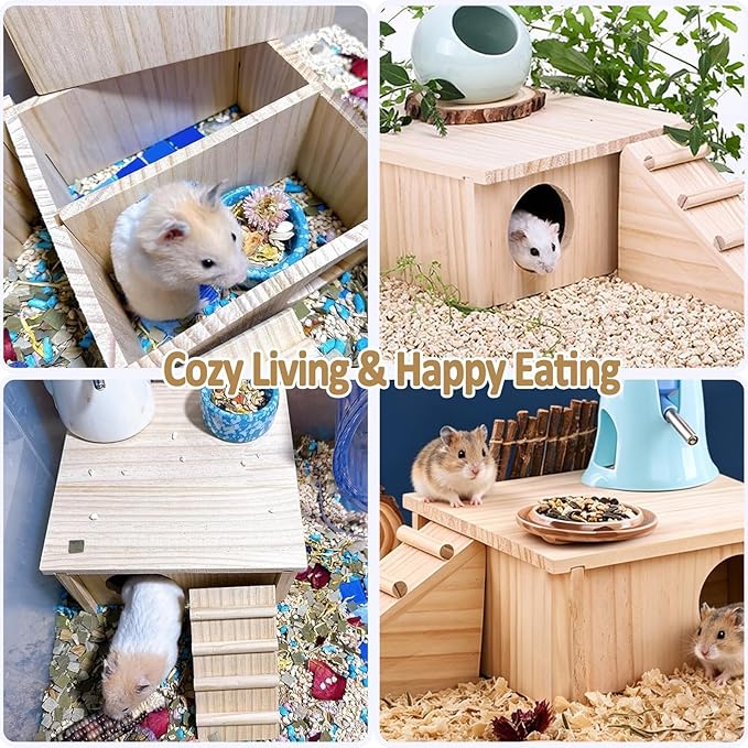 Wooden Hamster Hideout House,Gerbil Hide Hut with Climbing Ladder Platform,Dwarf Syrian Hamster Hideaway Cave Cage Accessories Habitats Decor for Rat Mice Mouse and Other Small Pets