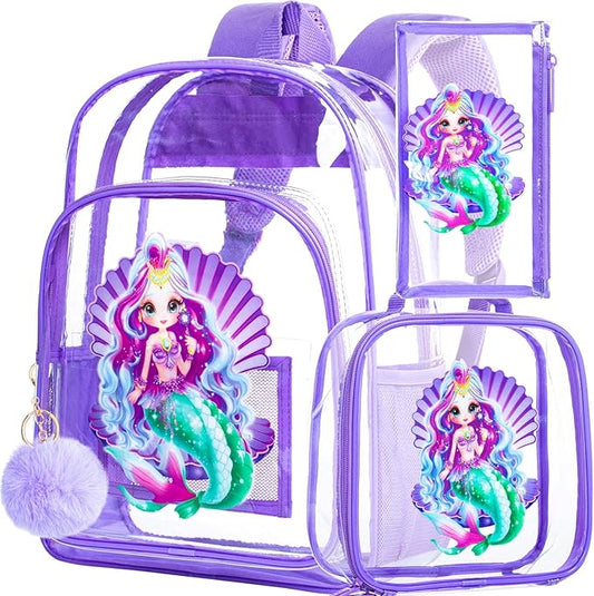 AGSDON 3PCS Clear Backpack for Girls, Kids Mermaid Transparent Bookbag Heavy Duty, Cute See Through Backpacks with Lunch Bag - Purple