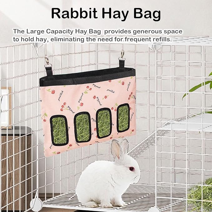 Rabbit Hay Feeder Bag, Large Capacity Rabbit Hay Bag Small Animal Hanging Hay Bag 600D Oxford Cloth Bunny Hay Feeder Bag for Rabbits Guinea Pigs Chinchillas (Pink-4 Holes-1Pcs)