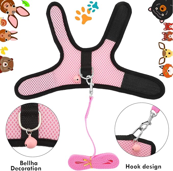 SATINIOR 2 Sets Guinea Pig Harness and Leash Adjustable Soft Mesh Harness Bell No Pulling Comfort Vest for Baby Ferret Rats Hamster Bunny Rabbit Chinchilla and Small Pet (Pink, Blue, S)