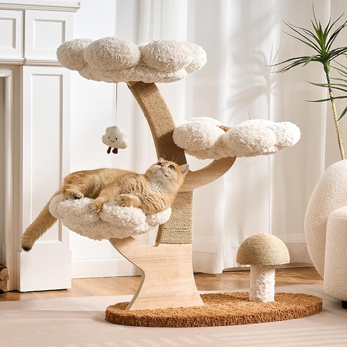 Aesthetic Flower Cat Tree Tower with Scratching Post for Indoor Cats, 37" H Modern Cat Tree with Wood Sculpted Branch, Flower Cat Beds, Mushroom Scratcher & Interactive Squeaky Toy, White