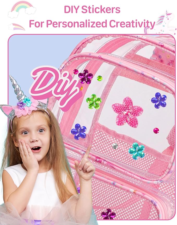 Bagseri 3pcs Clear Backpack for Girls - 15 Inch School Bag Set with Lunch Box and Pencil Case, Heavy Duty Transparent Bookbag for Kindergarten to Grade 2, Pink Unicorn