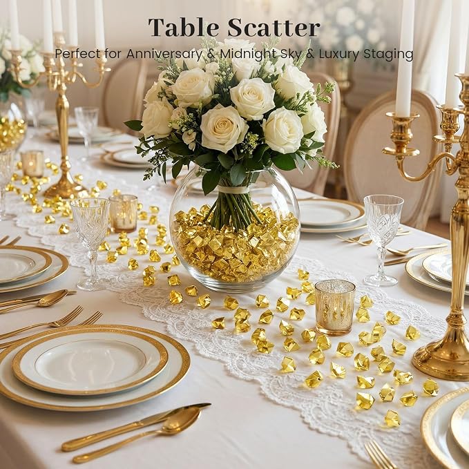 DOMESTAR 150 PCS Gold Acrylic Ice Rocks, Faux Nuggets Gems Vase Fillers | Pot of Gold, Pirate Jewelry Party Decorations, Birthday DIY Crafts & Table Scatter