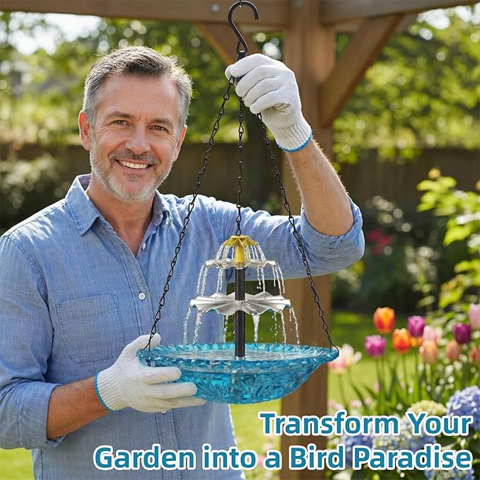 Solar Fountain for Bird Bath, Hanging Cascade Water Feature for Outdoor Garden & Yard Decor, Creates a Relaxing Flow that Attracts Birds (Blue(XL))