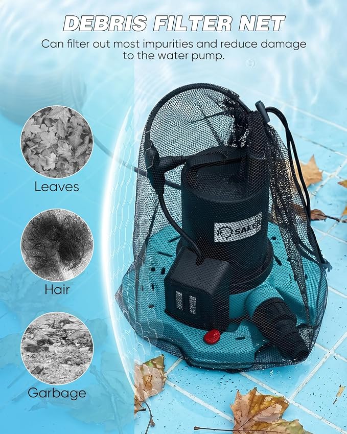 Saker Automatic On Off Submersible Water Pump, 1/4 HP Sump Pump,2377 GPH | Submersible Pump,Pool Cover Pump with 25ft Power Cord & Filter Net for Swimming Pool Covers, Hot Tubs, Rooftops