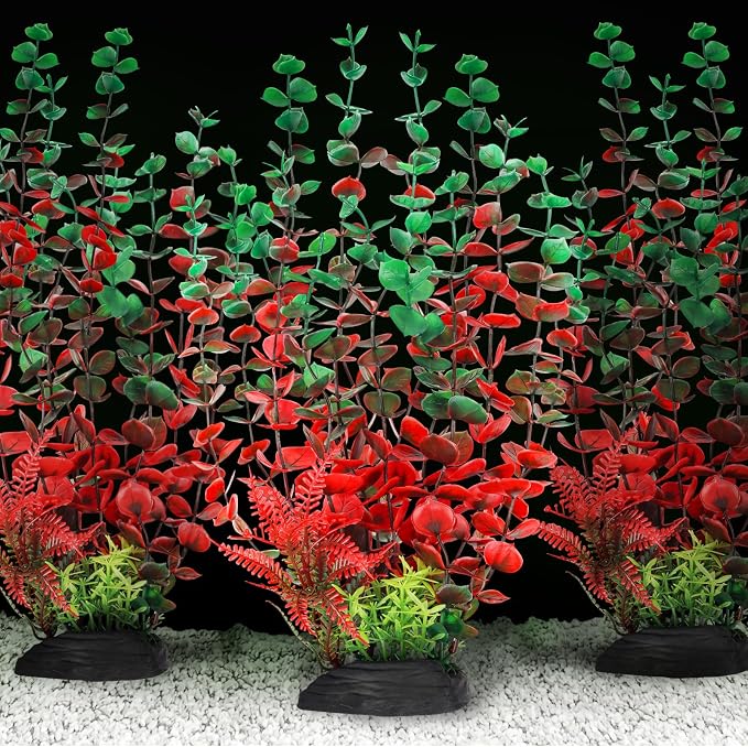 QUOZUO Aquarium Large Plants Decoration, Aquarium Decorations Artificial Plastic Plants, Dark Red Fish Tank Accessories 3pcs