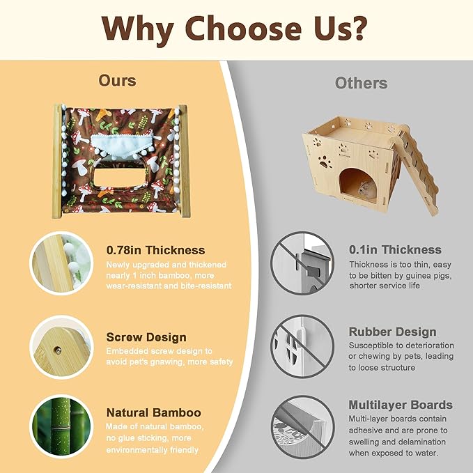 Guinea Pig Hideout, Sturdy Bamboo Small Animal House with Window, Rabbit Bunny Tunnel, Easy to Assemble for Hamsters Bunny Rat Chinchillas Playing Hiding, Guinea Pig Cage Accessories, Mushroom