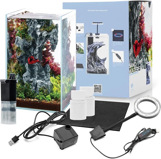 Sand Waterfall Tank Kit - Silent Operation Falling Sand Fish Tank w/LED Light and Self Cleaning Filtration - Desktop Rimless Starter Aquarium Kit, Just Add Plants - 3.38GAL | 12.8L (B1)