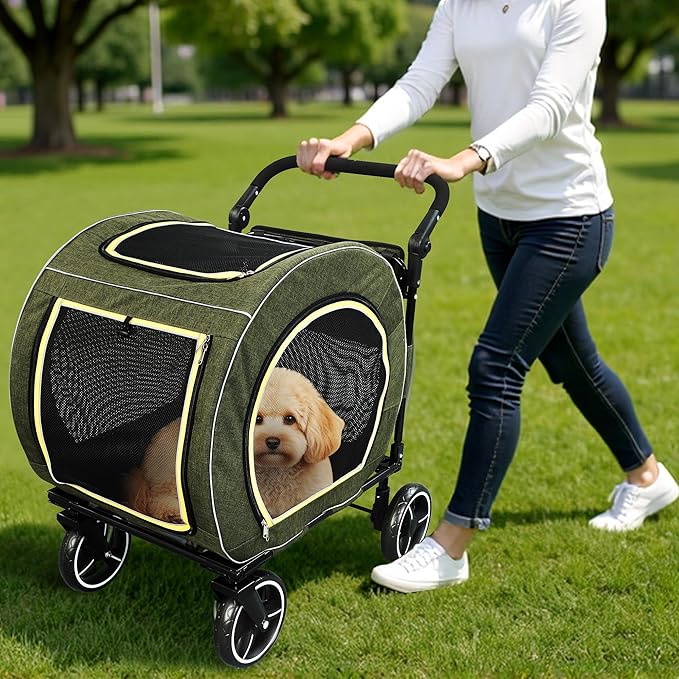 Saudism Pet Stroller for Dogs Cats up to 50 lbs, Foldable Dog Stroller with 360° Swivel Wheels, Detachable Carrier, Adjustable Handle, Travel Dog Stroller for Small Medium Large Pets, Green