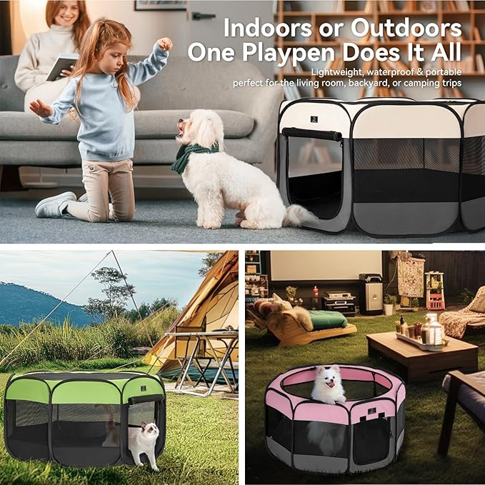 Dog Playpen for Small Dogs & Puppies, 50.39" Portable Indoor Outdoor Puppy Playpen with Bowl, Waterproof Floor, Foldable Pop-Up Pet Pen for Home, Travel & Daily Use, Green+Black