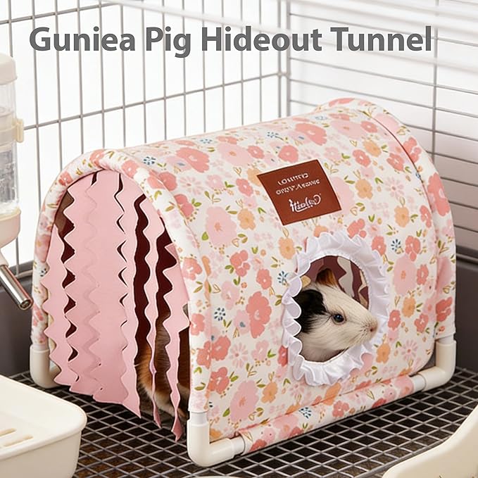 Guinea Pig Hideout Tunnel - Stable Washable Small Animal Tunnel Hide with Curtains,Guinea Pig Accessories for Hamster/Chinchilla/Dwarf Rabbit/Ferret (Pink, Large)