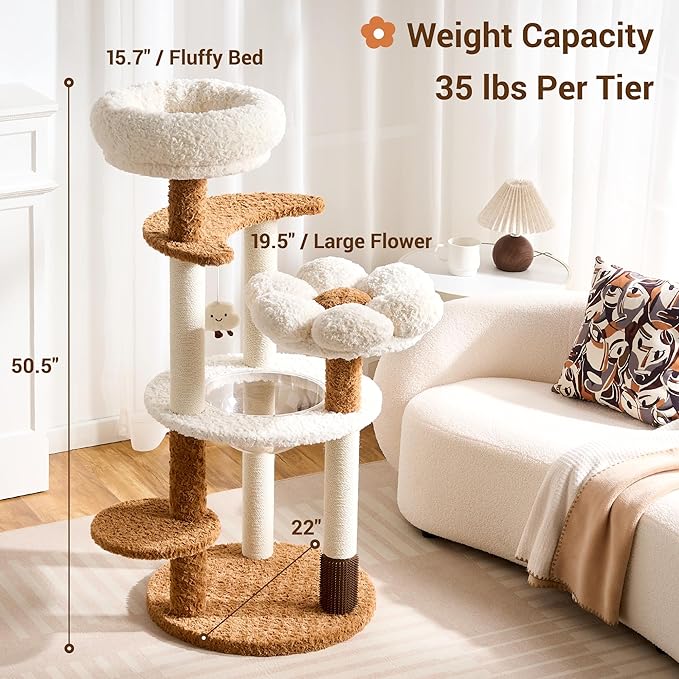 Modern Cat Tree Tower with Scratching Post for Indoor Cats Up tp 12lbs, 50.5" Tall Cat Tree with Flower/Fluffy Cat Beds, Acrylic Capsule, Multi-Level Platforms & Interactive Toy, White & Brown