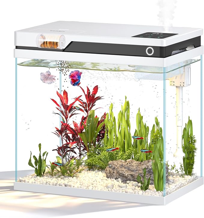 Vehipa Fish Tank, Smart Fish Aquarium Kit 7 Gallon | with Auto Feeder, Humidifier, 4-in-1 Silent Pump, Adjustable Lighting & Temperature Display for Desktop, Office, Room