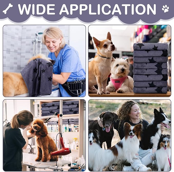 Chumia 8 Pcs Dog Towels for Drying Dogs Cats Pet Towels Bulk Puppy Microfiber Fast Drying Paw Bath Bathing Supplies Absorbent for Medium Pets (40 x 24 Inch,Star,Gray)