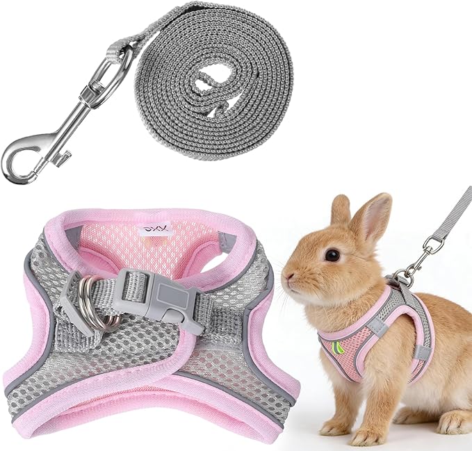 Bunny Harness and Leash Set Breathable Pet Rabbit Harness and Leash Set Soft Rabbit Leashes Reflective Strips Jacket Escape-Proof Walking Gear for Rabbits, Small Kitten, Puppy, Guinea Pigs (Pink,S)