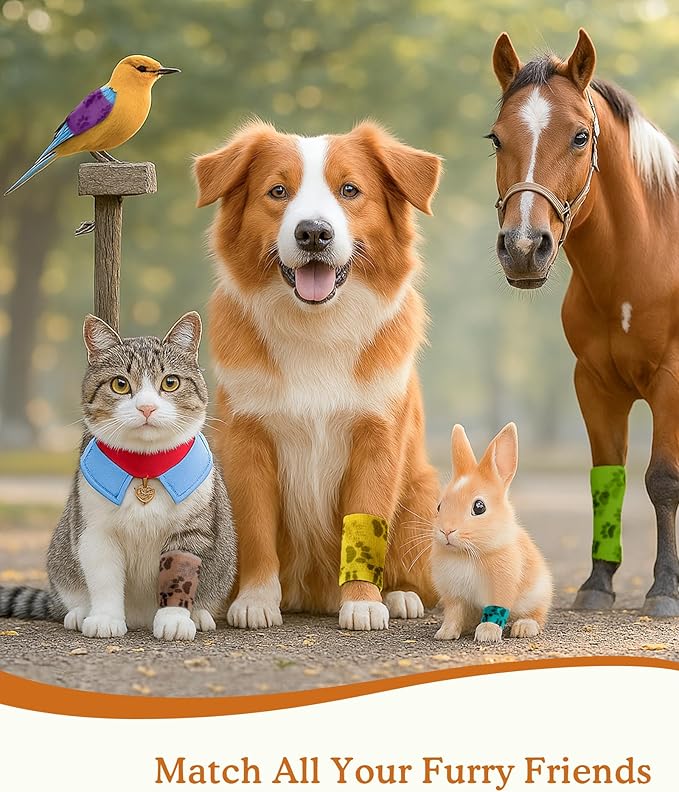 Self-Adherent Tape, Cohesive Wrap for Horses Cats Birds & Pets, Great for Crates Leash Bags & Travel Kits, 2 Inches X 5 Yards, Paw Design, 8 Rolls, Woodland Paw