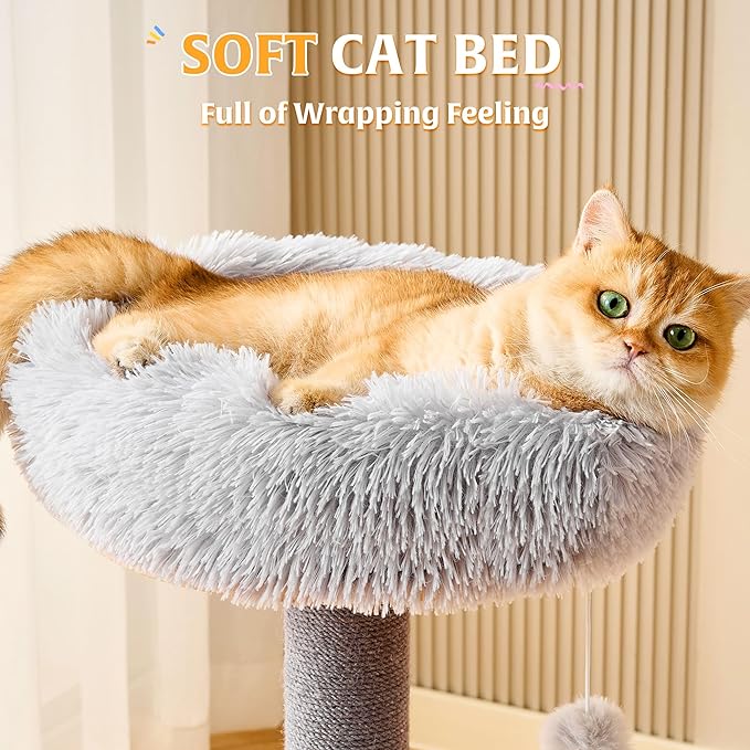 HITTITE Solid Wood Cat Tree Tower with Scratching Post, 53 Inches Tall Cat Towers with Scratching Board and Scratcher Ball, Modern Cat Tower with Space Capsule and Removable Top Bed for Indoor Cats