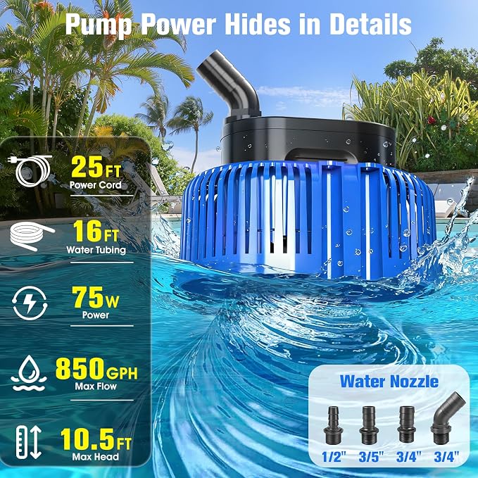 Pool Cover Pump above Ground,Submersible Water Pump for Pool Water Draining | 850 GPH Water Pump,Auto Dry-Burning Protection,Dual Filtration,4 Adapters,25FT Cord,Quiet Motor,Lightweight for Pool,Pond
