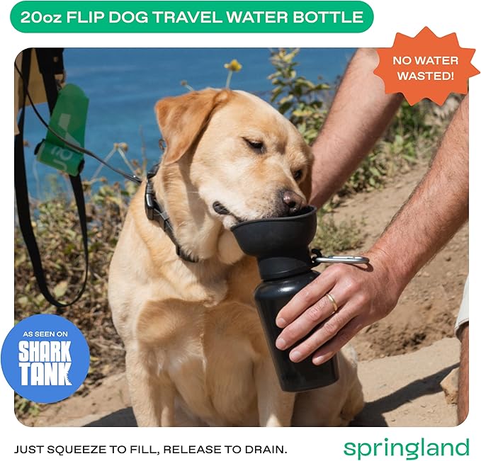 Springer Flip Dog Water Bottle | Portable Drinking Feeder with Foldable Food-Grade Silicone Bowl | One-Hand Squeeze & Leak-Proof | BPA-Free 20oz | Walking, Hiking & Camping | Puppy Essentials