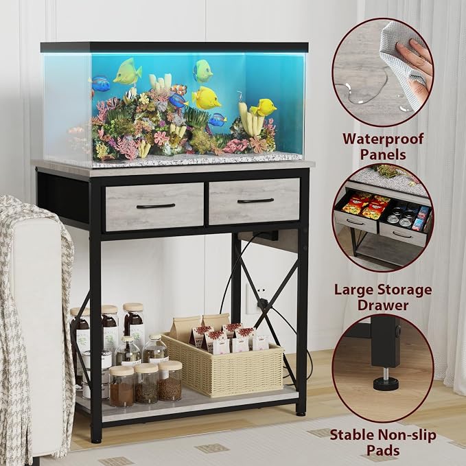 20-29-37 Gallon Fish Tank Stand with Power Outlets and 2 Drawers, Grey | Heavy duty metal frame holds up to 400 pounds with a lower shelf for a second aquarium, turtle tank or reptile terrarium