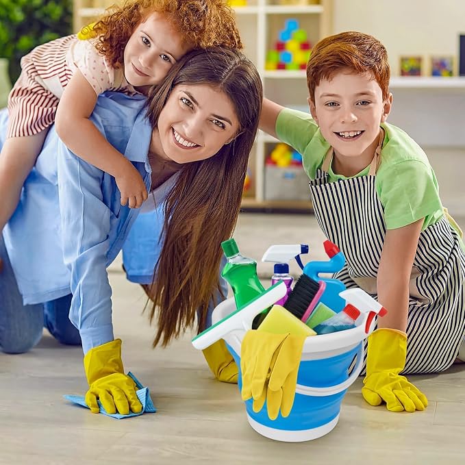 Collapsible Mop Bucket and Ice Bucket-5L(1.3 Gallon) Household Cleaning Silicone Dust Mops Bucket, Portable Bathroom Cleaning Supplies Bucket for Cleaning Caddy Spin Mops for Floor Blue