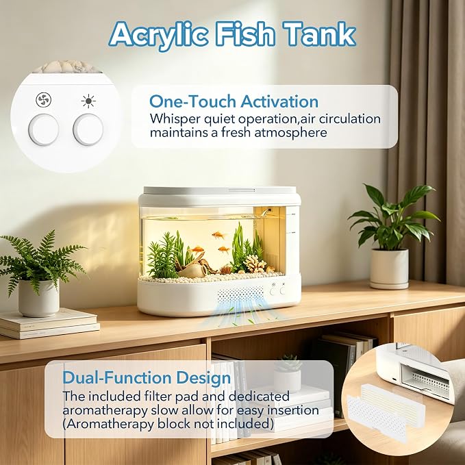Betta Fish Tank White 1 Gallon Acrylic Small Aquarium Kit | with Water Filter Pump & LED Light,Quiet Living Room Desktop Fish Bowl for Small Fish,Plants and Shrimp