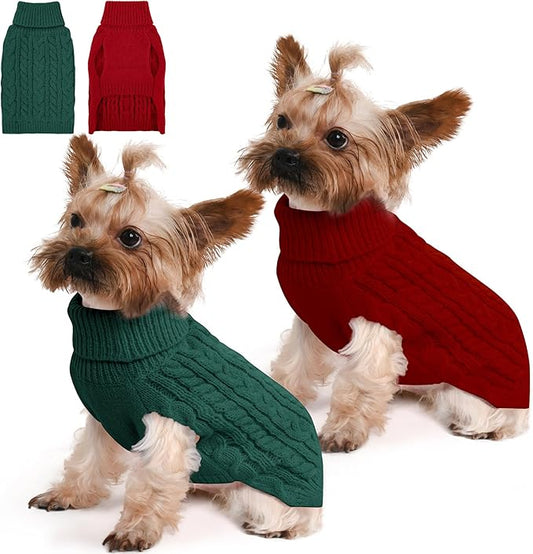 2 Pack Dog Sweaters for Small Dogs Winter Turtleneck Pullover Cable Knit Fleece Stretch Puppy Doggie Chihuahua Toy Poodle Yorkie Pomeranian Boy Girl Pet Clothes (XS, Red & Green)