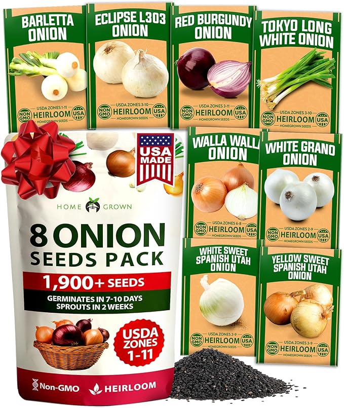 HOME GROWN 8 Onion Variety Mix 1600+ Heirloom Non-GMO Seeds for Planting, High Germination, Red, Yellow, White, Sweet Vidalia & Spanish Bulb Onions, Green Scallions,Indoor Outdoor Garden (Allium cepa)